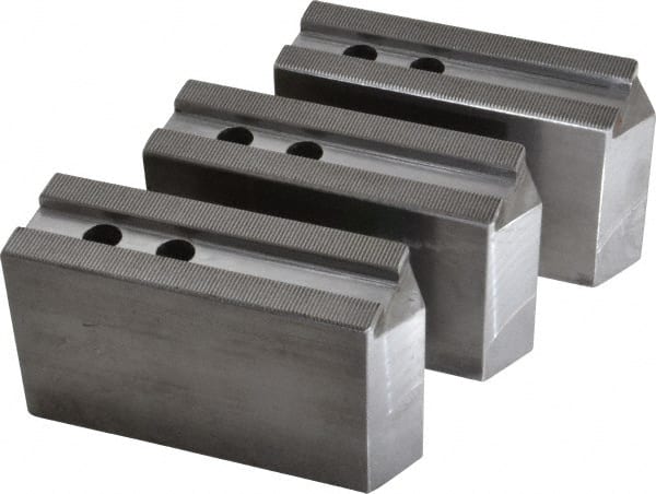 H & R Manufacturing - 1.5mm x 60° Serrated Attachment, Square Soft Lathe Chuck Jaw - 3 Jaws, Steel, 1.181" Btw Mount Hole Ctrs, 6-1/4" Long x 2" Wide x 3-1/2" High, 0.71" Groove, 14mm Fastener - Exact Tooling