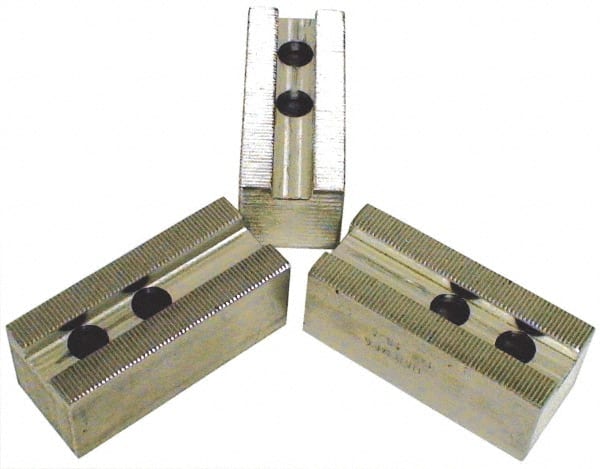 H & R Manufacturing - 1.5mm x 60° Serrated Attachment, Square Soft Lathe Chuck Jaw - 3 Jaws, Aluminum, 1.69" Btw Mount Hole Ctrs, 6-1/2" Long x 2-1/2" Wide x 5" High, 1" Groove, 20mm Fastener - Exact Tooling