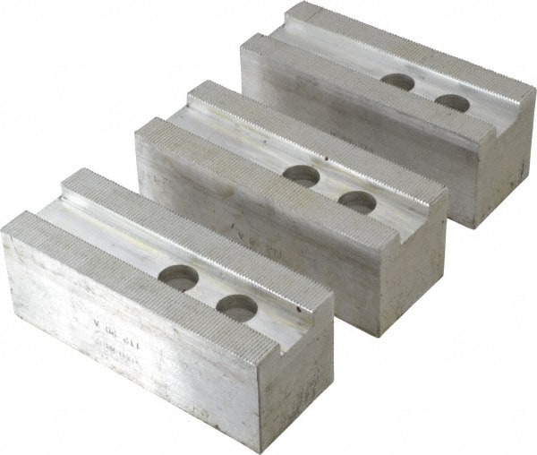 H & R Manufacturing - 1.5mm x 60° Serrated Attachment, Square Soft Lathe Chuck Jaw - 3 Jaws, Aluminum, 1.181" Btw Mount Hole Ctrs, 5-1/4" Long x 2" Wide x 2" High, 0.827" Groove, 16mm Fastener - Exact Tooling