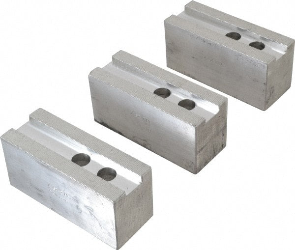 H & R Manufacturing - 1.5mm x 60° Serrated Attachment, Square Soft Lathe Chuck Jaw - 3 Jaws, Aluminum, 1.181" Btw Mount Hole Ctrs, 5-1/4" Long x 2" Wide x 2-1/2" High, 0.827" Groove, 16mm Fastener - Exact Tooling