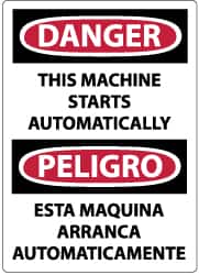NMC - "Danger - This Machine Starts Automatically", 20" Long x 14" Wide, Pressure-Sensitive Vinyl Safety Sign - Rectangle, 0.004" Thick, Use for Accident Prevention - Exact Tooling