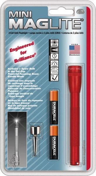Mag-Lite - Krypton Bulb, 9 Lumens, Mini Flashlight - Red Aluminum Body, 2 AAA Alkaline Batteries Included - Exact Tooling