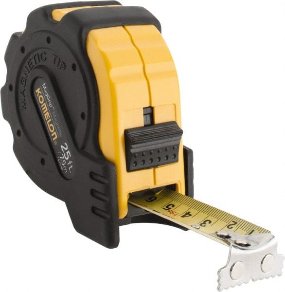 Komelon - 25' x 1" Yellow Blade Tape Measure - 1/16" & 1mm Graduation, Inch/Metric Graduation Style, Yellow/Black Case - Exact Tooling