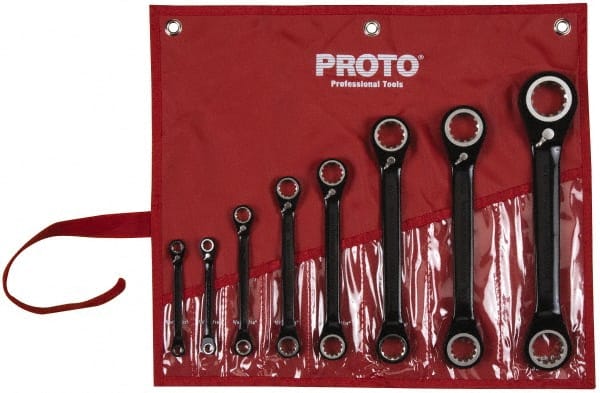 Proto - 8 Piece, 7/32" x 9/32" to 1" x 1-1/8", 12 Point Ratcheting Box Wrench Set - Inch Measurement Standard, Black/Chrome Finish, Comes in Pouch - Exact Tooling