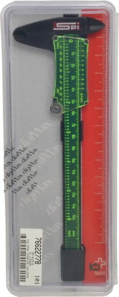 SPI - 0 to 6" Super Polymid Vernier Caliper - 0.10mm Graduation, 1-1/2" Jaw Depth, 0.002" Accuracy, Thumb Lock, Includes Depth Measurement Rod & Inside Diam Jaws - Exact Tooling