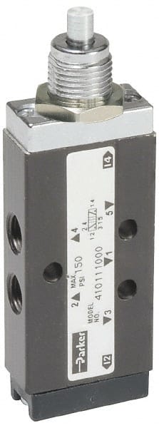 Parker - 0.20 CV Rate, 1/8" NPT Inlet Direct Air 2 Mechanical Spool Valve - 4 Way, 2 Position, 150 Max psi, Plunger Spring Return - Exact Tooling