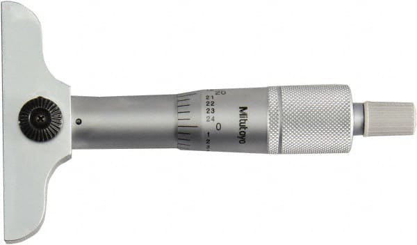 Mitutoyo - 0 to 1" Range, 1 Rod, Mechanical Depth Micrometer - Ratchet Stop Thimble, 2-1/2" Base Length, 0.01mm Graduation, 4mm Rod Diam - Exact Tooling