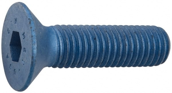 Metric Blue - M6x1.00 Metric Coarse Hex Socket Drive, 90° Flat Screw - Grade 12.9 Alloy Steel, Metric Blue Finish, Fully Threaded, 10mm OAL - Exact Tooling