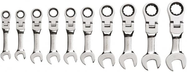 Flex Head Combination Wrench Set: 10 Pc, Metric Chrome-Plated