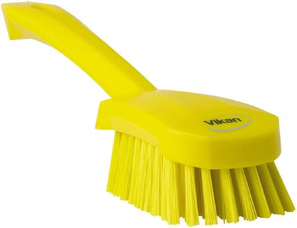 Vikan - 1.3" Bristle Length, Polyester Scrub Brush - 4-1/4" Long x 2-3/4" Wide Head, 10" OAL, Yellow, Polypropylene Block - Exact Tooling