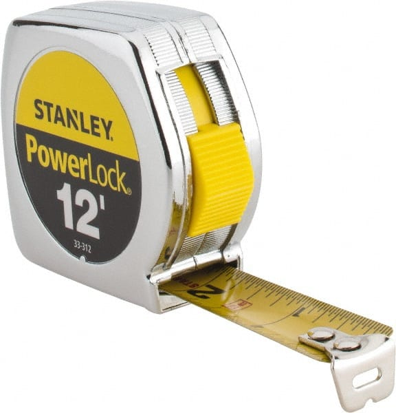 Stanley - 12' x 3/4" Yellow Blade Tape Measure - 1/32 & 1/16" Graduation, Inch Graduation Style, Silver Case - Exact Tooling