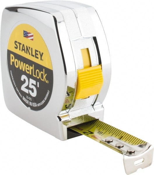 Stanley - 25' x 1" Yellow Blade Tape Measure - 1/16" Graduation, Inch Graduation Style, Silver Case - Exact Tooling