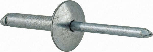 RivetKing - Size 612 Large Flange Dome Head Steel Open End Blind Rivet - Steel Mandrel, 0.626" to 3/4" Grip, 5/8" Head Diam, 0.192" to 0.196" Hole Diam, 0.95" Length Under Head, 3/16" Body Diam - Exact Tooling