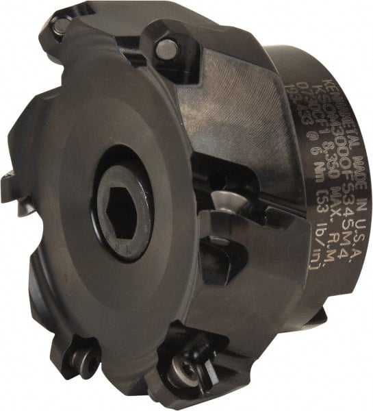 Kennametal - 3" Cut Diam, 1" Arbor Hole, 3.5mm Max Depth of Cut, 43° Indexable Chamfer & Angle Face Mill - 6 Inserts, OF.T 06L5... Insert, Right Hand Cut, 6 Flutes, Series KSOM Mini - Exact Tooling