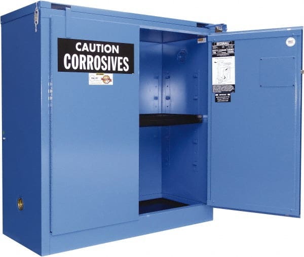 Securall Cabinets - 2 Door, 2 Shelf, Blue Steel Standard Safety Cabinet for Corrosive Chemicals - 67" High x 43" Wide x 18" Deep, Self Closing Door, 3 Point Key Lock, 45 Gal Capacity - Exact Tooling