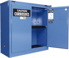 Securall Cabinets - 2 Door, 1 Shelf, Blue Steel Standard Safety Cabinet for Corrosive Chemicals - 46" High x 43" Wide x 18" Deep, Self Closing Door, 3 Point Key Lock, 30 Gal Capacity - Exact Tooling