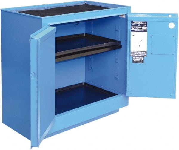 Securall Cabinets - 2 Door, 1 Shelf, Blue Steel Standard Safety Cabinet for Corrosive Chemicals - 36" High x 35" Wide x 22" Deep, Manual Closing Door, 3 Point Key Lock, 24 Gal Capacity - Exact Tooling