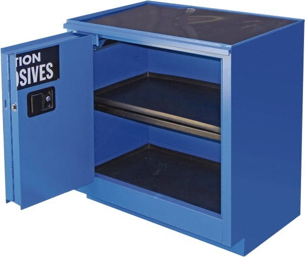 Securall Cabinets - 2 Door, 1 Shelf, Blue Steel Standard Safety Cabinet for Corrosive Chemicals - 36" High x 35" Wide x 22" Deep, Sliding Door, 3 Point Key Lock, 24 Gal Capacity - Exact Tooling