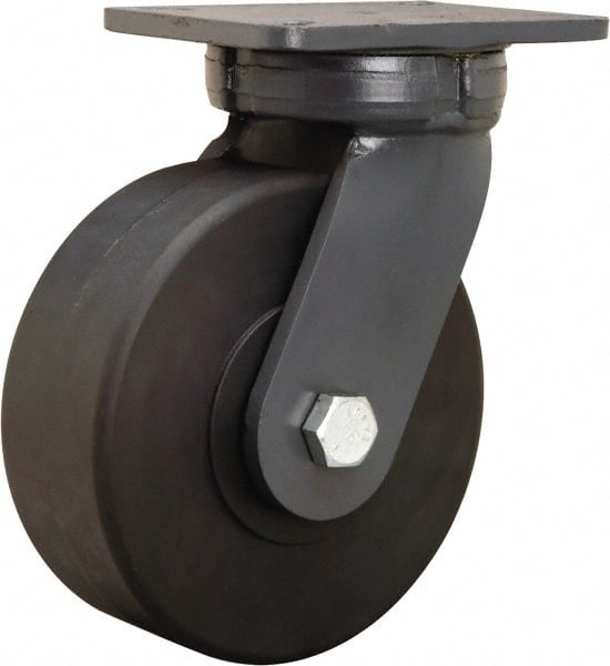 Hamilton - 8" Diam x 3" Wide x 10-1/2" OAH Top Plate Mount Swivel Caster - Nylon, 6,000 Lb Capacity, Precision Ball Bearing, 5-1/4 x 7-1/4" Plate - Exact Tooling