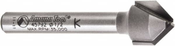 Amana Tool - 1/2" Cut Diam, 3/8" Length of Cut, 2 Flute V-Groove Edge Profile Router Bit - Carbide-Tipped, 1/4" Shank Diam, 2" OAL, Uncoated - Exact Tooling