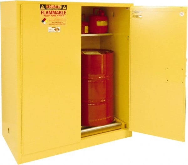 Securall Cabinets - 56" Wide x 31" Deep x 65" High, 18 Gauge Steel Vertical Drum Cabinet with 3 Point Key Lock - Yellow, Manual Closing Door, 1 Shelf, 2 Drums, Drum Rollers Included - Exact Tooling