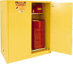 Securall Cabinets - 56" Wide x 31" Deep x 65" High, 18 Gauge Steel Vertical Drum Cabinet with 3 Point Key Lock - Yellow, Manual Closing Door, 1 Shelf, 2 Drums, Drum Rollers Included - Exact Tooling
