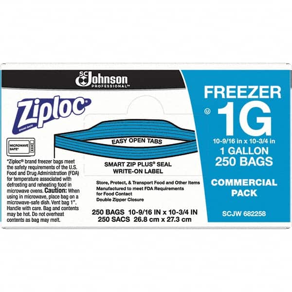 Ziploc - 250 Piece, 1 Gallon Capacity, 11 Inch Long x 10-1/2 Inch Wide, Ziploc Freezer Bag - 2.7 mil Thick, Rectangle Clear Plastic - Exact Tooling