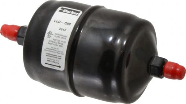 Parker - 1/4" Connection, 2-1/2" Diam, 5.27" Long, Refrigeration Liquid Line Filter Dryer - 5-5/8" Cutout Length, 101 Drops Water Capacity - Exact Tooling