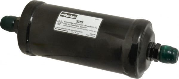 Parker - 5/8" Connection, 3" Diam, 9.24" Long, Refrigeration Liquid Line Filter Dryer - 9-15/16" Cutout Length, 361 Drops Water Capacity - Exact Tooling