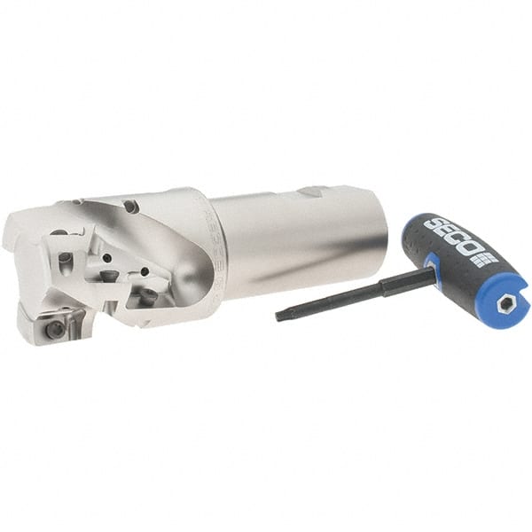 Seco - 2" Cut Diam, 1.85" Max Depth of Cut, 1-1/2" Shank Diam, 5.49" OAL, Indexable Square Shoulder Helical End Mill - XO.X 1806 Inserts, Weldon Shank, 90° Lead Angle, Through Coolant, Series Power Turbo - Exact Tooling