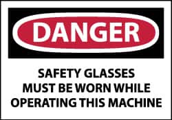 NMC - Accident Prevention Label, Header: DANGER - Legend: Danger - Safety Glasses Must Be Worn While Operating This Machine, English, Red, Black & White, 5" Long x 3" High, Sign Muscle Finish - Exact Tooling