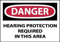 NMC - Accident Prevention Label, Header: DANGER - Legend: Danger - Hearing Protection Required in This Area, English, Red, Black & White, 5" Long x 3" High, Sign Muscle Finish - Exact Tooling