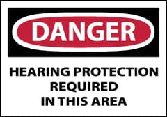 NMC - Accident Prevention Label, Header: DANGER - Legend: Danger - Hearing Protection Required in This Area, English, Red, Black & White, 5" Long x 3" High, Sign Muscle Finish - Exact Tooling