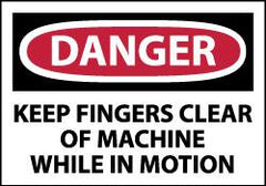 NMC - Accident Prevention Label, Header: DANGER - Legend: Danger - Keep Fingers Clear of Machine While in Motion, English, Red, Black & White, 5" Long x 3" High, Sign Muscle Finish - Exact Tooling