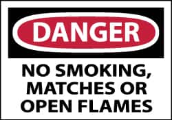 NMC - Accident Prevention Label, Header: DANGER - Legend: Danger - No Smoking, Matches or Open Flames, English, Red, Black & White, 5" Long x 3" High, Sign Muscle Finish - Exact Tooling