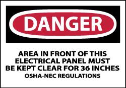 NMC - Accident Prevention Label, Header: DANGER - Legend: Danger - Area in Front of This Electrical Panel Must Be Kept Clear for 36 Inches OSHA-NEC Regulations, English, Red, Black & White, 5" Long x 3" High, Sign Muscle Finish - Exact Tooling