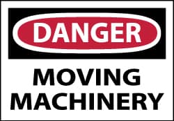 NMC - Accident Prevention Label, Header: DANGER - Legend: Danger - Moving Machinery, English, Red, Black & White, 5" Long x 3" High, Sign Muscle Finish - Exact Tooling