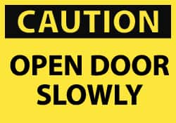 NMC - Caution - Open Door Slowly, Pressure Sensitive Vinyl Fire and Exit Sign - 5" Wide x 3" High - Exact Tooling
