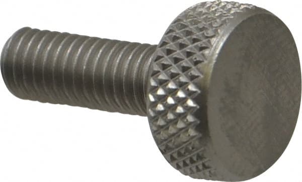 Electro Hardware - #10-32 Knurled Shoulderless Grade 303 Stainless Steel Thumb Screw - 3/4" OAL, 7/16" Head Diam x 3/16" Head Height, Uncoated - Exact Tooling