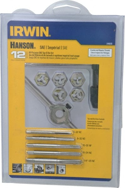 Irwin - #6-32 to 1/4-20 Tap, #6-32 to 1/4-20 Die, UNC, UNF, Tap and Die Set - Bright Finish Carbon Steel, Carbon Steel Taps, Nonadjustable 5/8" Hex Size, 12 Piece Set with Carded Set - Exact Tooling