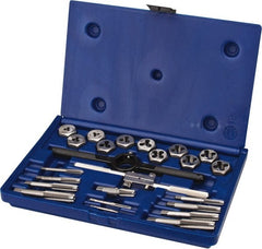 Irwin - M3x0.50 to M12x1.75 Tap, M3x0.50 to M12x1.75 Die, BSP, Metric Coarse, Metric Fine, Tap and Die Set - Bright Finish Carbon Steel, Carbon Steel Taps, Nonadjustable 1" Hex Size, 24 Piece Set with Plastic Case - Exact Tooling