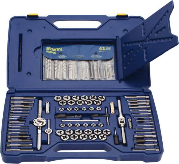 Irwin Hanson - #4-40 to 1/2-20 BSP, Metric Coarse, Metric Fine, NPT, UNC, UNF, Die and Drill Set - 5/16" to Letter Z HSS Drill, Bright Finish Carbon Steel Plug Chamfer Tap, Carbon Steel Hex Die, 117 Piece Set - Exact Tooling
