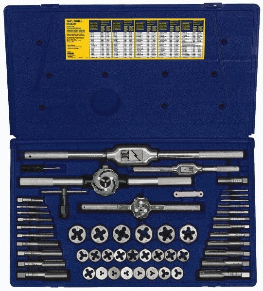 Irwin - M3x0.50 to M18x2.50 Tap, M3x0.50 to M18x2.50 Die, BSP, Metric Coarse, Metric Fine, Tap and Die Set - Bright Finish Carbon Steel, Carbon Steel Taps, Nonadjustable 1" Hex Size, 53 Piece Set with Plastic Case - Exact Tooling