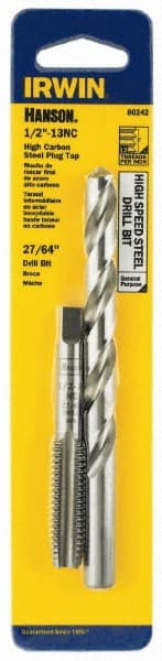 Irwin - 27/64 to 27/64 Drill, 1/2-13 to 1/2-13 Tap, Spiral Flute Tap and Drill Set - Bright Finish High Speed Steel Drills, Bright Finish Carbon Steel Taps, Plug Chamfer, 2 Piece Set - Exact Tooling