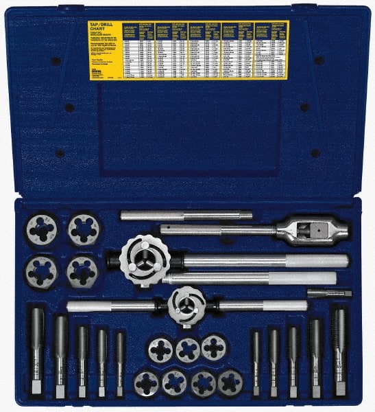 Irwin - M14x1.25 to M24x3.00 Tap, M14x1.25 to M24x3.00 Die, Metric Fine, Tap and Die Set - Bright Finish Carbon Steel, Carbon Steel Taps, Nonadjustable 1-7/16, 1-13/16" Hex Size, 25 Piece Set with Plastic Case - Exact Tooling