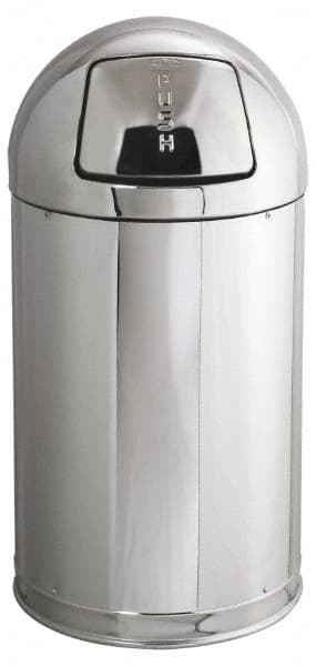 Rubbermaid - 12 Gal Round Trash Can - 30 Inch High, 15 Inch Diameter, Chrome, Steel, Dome Top Style, Includes Lid - Exact Tooling