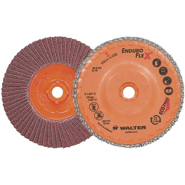 WALTER Surface Technologies - 40 Grit, 5" Disc Diam, 5/8-11 Center Hole, Zirconia Alumina Flap Disc - 13,300 Max RPM, Plastic Backing, Arbor Attaching System, Coated - Exact Tooling