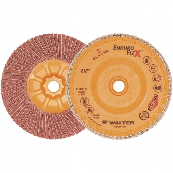 WALTER Surface Technologies - 60 Grit, 5" Disc Diam, 5/8-11 Center Hole, Zirconia Alumina Flap Disc - 13,300 Max RPM, Plastic Backing, Arbor Attaching System, Coated - Exact Tooling
