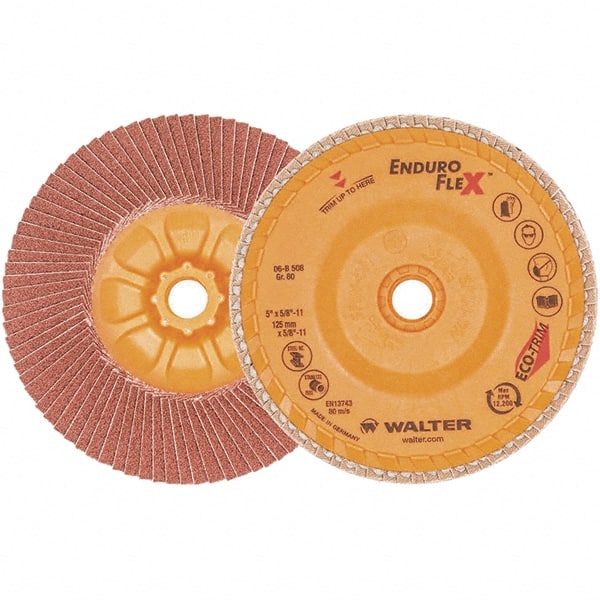 WALTER Surface Technologies - 80 Grit, 5" Disc Diam, 5/8-11 Center Hole, Zirconia Alumina Flap Disc - 13,300 Max RPM, Plastic Backing, Arbor Attaching System, Coated - Exact Tooling