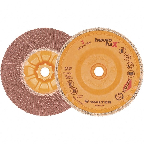 WALTER Surface Technologies - 120 Grit, 5" Disc Diam, 5/8-11 Center Hole, Zirconia Alumina Flap Disc - 13,300 Max RPM, Plastic Backing, Arbor Attaching System, Coated - Exact Tooling